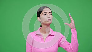 Caucasian Woman Gesture Blah Blah On Green Background