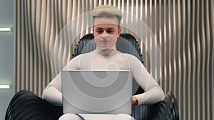 Caucasian woman girl in white neon futuristic space female IT programmer hacker coder gamer hacker software computer