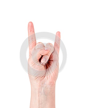 Caucasian woman hand with rock sign of the horns isolated on white background. Heavy metal and punk music concept.