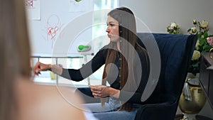 A caucasian woman head of a beauty salon conducts a seminar on trichology. A woman giving a lecture near a presentation