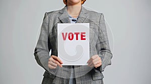 Caucasian woman holding bold VOTE sign, encouraging civic duty. Female voter. Concept of elections, voting, personal