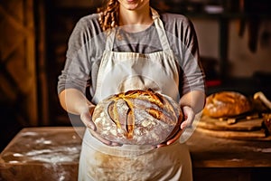 Caucasian woman holding fresh bread from the oven, baking homemade bread. Close up