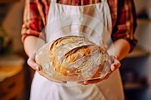 Caucasian woman holding fresh bread from the oven, baking homemade bread. Close up