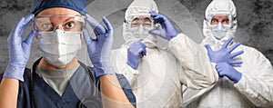 Caucasian Woman, Man and Chinese Man In Masks, Goggles and Hazmat Suites photo