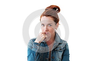 Caucasian woman model with ginger hair posing indoors