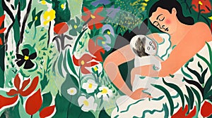 Caucasian woman mother with baby in blooming garden created with Generative AI