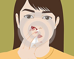 Caucasian woman with a nosebleed use tissue to stop blood, Illustration in flat design