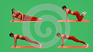 Caucasian woman performing bodyweight exercises on a mat isolated on a green screen