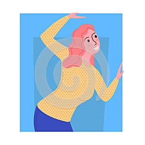 Caucasian woman with pink hair dancing joyfully. Female in casual attire enjoying herself. Fun dance moves and happiness