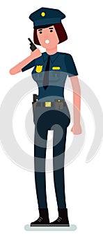 Caucasian woman police officer talking on walkie-talkie radio. Female police holding walkie-talkie radio. Vector cartoon