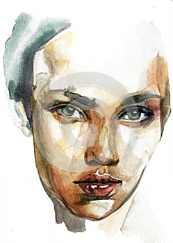 Caucasian woman portrait hand drawn watercolor illustration