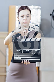 Caucasian Woman Posing with Action Cut in Studio Environment.Focus on Actioncut