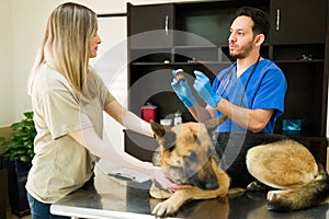 Caucasian woman receiving medicine for her aging dog