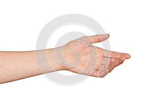 Caucasian woman`s hand in outstretched helpful caring gesture. Isolated.