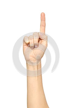 Caucasian woman`s hand pointing, touching, pressing or counting