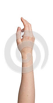 Caucasian woman s hand showing gesture. Empty palm, blank sign, symbol of communication. 