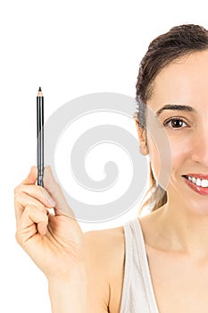 Caucasian woman showing eyebrow pencil