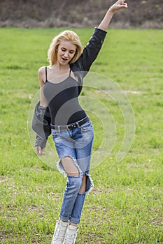 Caucasian woman smiling happy on sunny summe