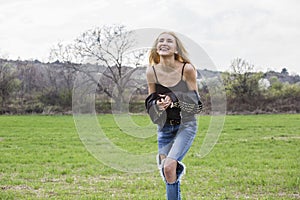 Caucasian woman smiling happy on sunny summe