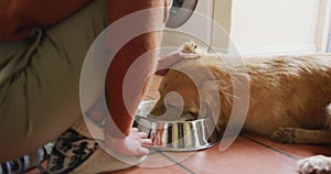 Caucasian woman stroking her pet dog eating from bowl in kitchen at home