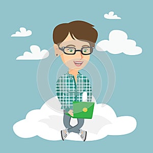 Caucasian woman using cloud computing technologies