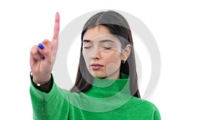 Caucasian Woman Waving Finger In Disagree On White Background