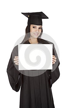 Caucasian woman wearing in a black graduation gown