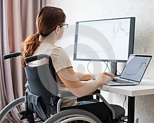 Caucasian woman in a wheelchair typing with a laptop from home. Remote work for people with disabilities.