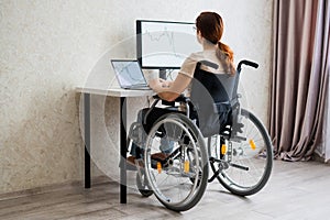 Caucasian woman in a wheelchair typing with a laptop from home. Remote work for people with disabilities.