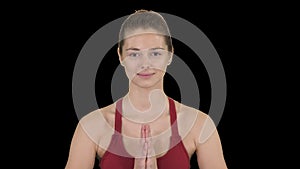 Caucasian woman yoga meditating sitting lotus, hands coupled, Alpha Channel