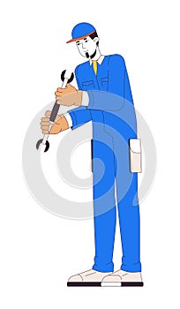 Caucasian worker with wrench 2D linear cartoon character