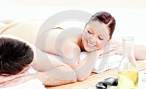 Caucasian young couple receiving a back massage
