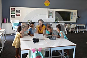 Caucasian young female teacher teaching laptop to african american elementary students in class