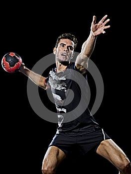 Caucasian young handball player man isolated black background