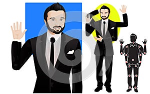 Caucasian young man character in formal suit, ready for animation, vector doll with separate joints. Gestures and expressions