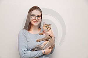 Caucasian young woman holding cat breed golden chinchilla. Portrait with pet on hands.