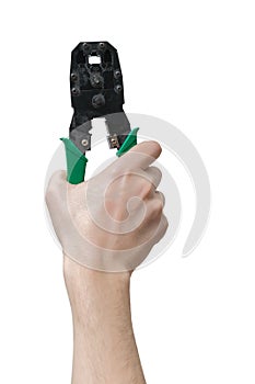 Caucasians man's hand holds crimping tool