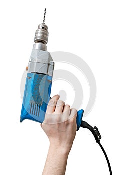 Caucasians man's hand holds drill. Maintenance concept photo