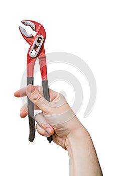 Caucasians man's hand holds pliers. Maintenance concept