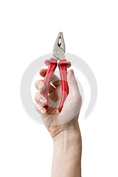 Caucasians man's hand holds pliers. Maintenance concept