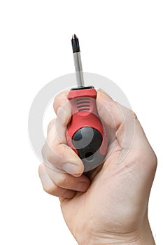 Caucasians man's hand holds screwdriver. Maintenance concept photo