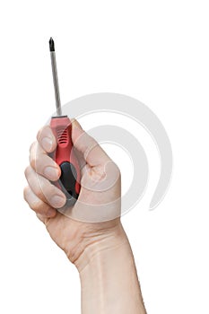 Caucasians man's hand holds screwdriver. Maintenance concept