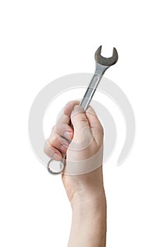 Caucasians man's hand holds spanner or wrench. Maintenance concept