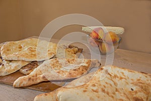 Caucasus cuisine: bean pie called lobiani, traditional flatbread. Georgian bean pie lobiani