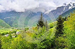 Caucasus landscape at Chvabiani village in Upper Svaneti, Georgia