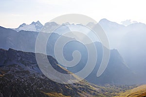 Caucasus, misty mountain landscape