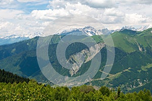 Caucasus Mountain view from Peak of Zuruldi Mountain. a famous landscape in Mestia, Samegrelo-Zemo Svaneti, Georgia