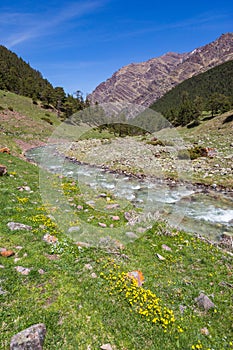 Caucasus Mountains spring landscape. Karachay-Cherkessia republic, Russia