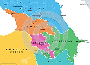 The Caucasus region, Caucasia, colored political map with disputed areas