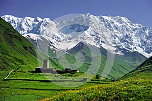 Caucasus Shkhara mountain seen from Ushguli village